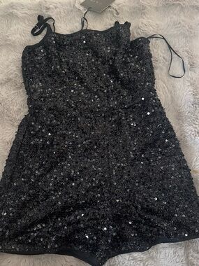 Le Lis Black Sequin Mini Dress with Spaghetti Straps